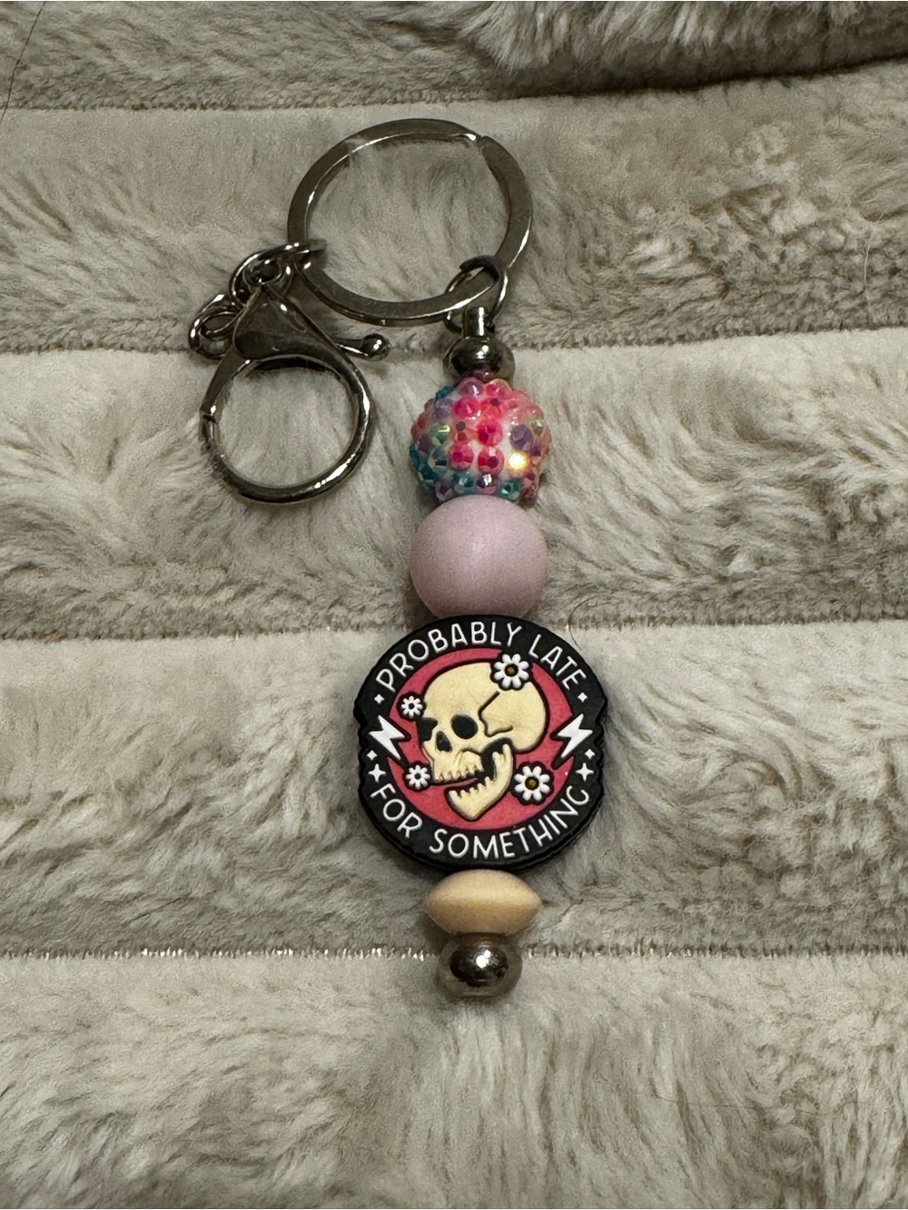 Pink Multi-Color Beaded Keychain - 'Probably Late For Something'